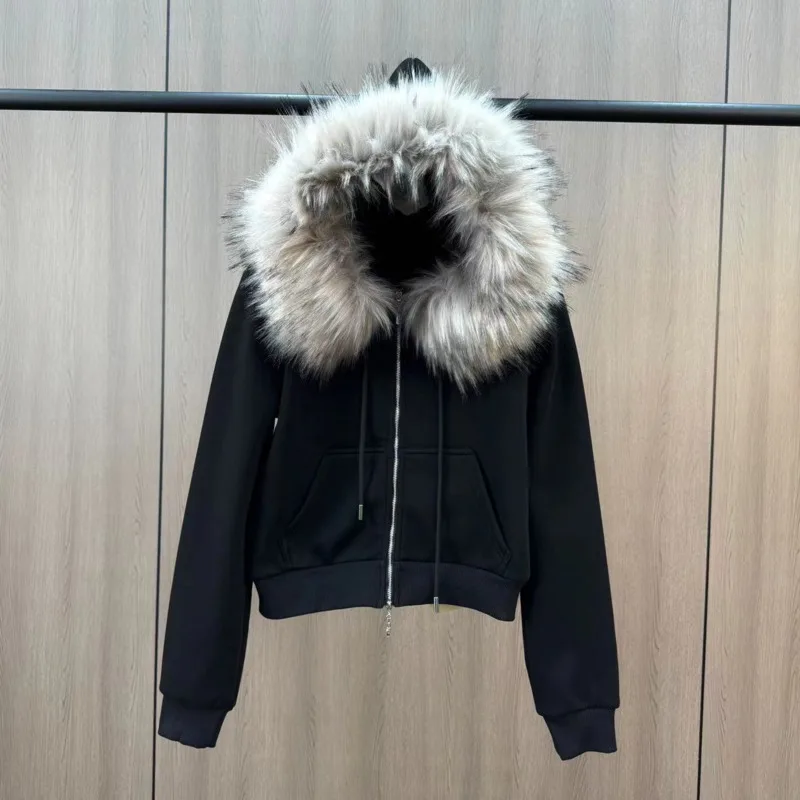 [ZOCI]  Winter Simulation Fur Hooded Long Sleeved Plus Thick Velvet Spicy Girl Street Trendy Casual Hoodie Cardigan