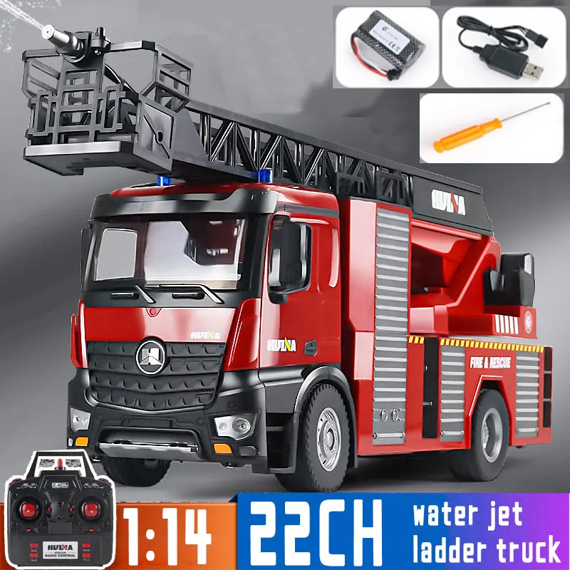 HUINA 1561 1/14 RC Fire Engine Sprinkler Aerial Ladder Truck 22 CH Model Engineering Car Spray Water Lighting Kids Toys