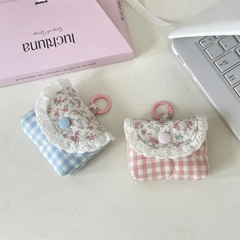 Mini monedero Floral de encaje dulce para niñas, funda protectora para auriculares a cuadros rosa y azul, bolsa de almacenamiento pequeña portátil