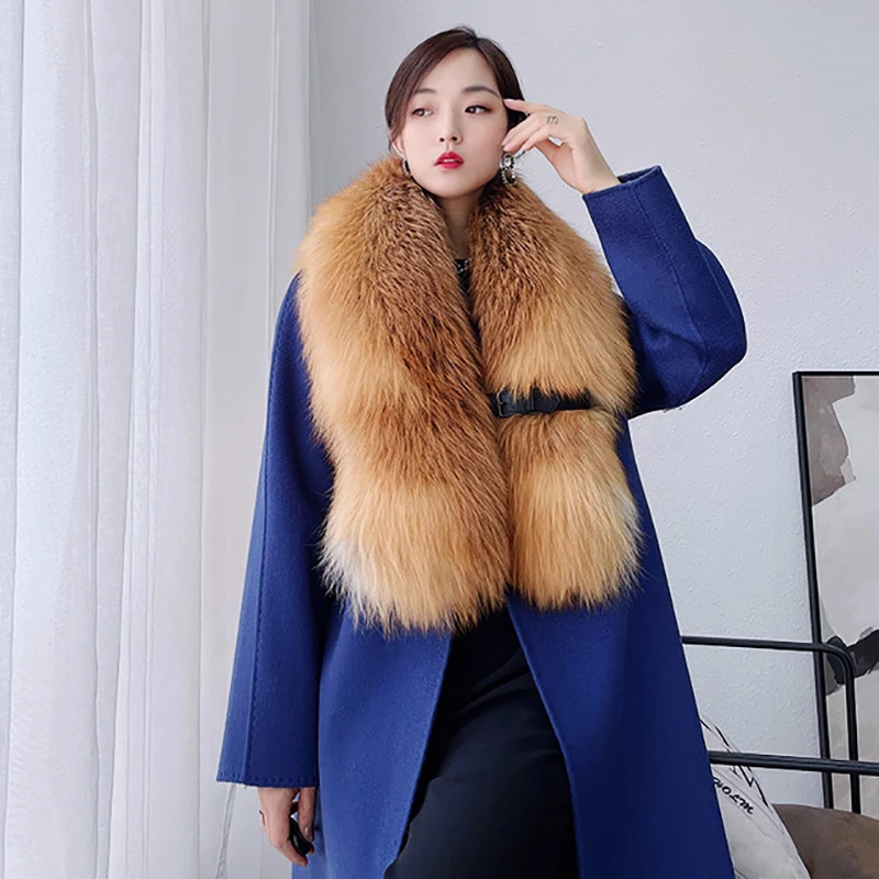 

Зимний роскошный меховой шарф с воротником из натурального лисьего меха, большой размер, пряжка для ремня, теплые женские меховые шали, меховые шарфы, длинные шарфы с поясом