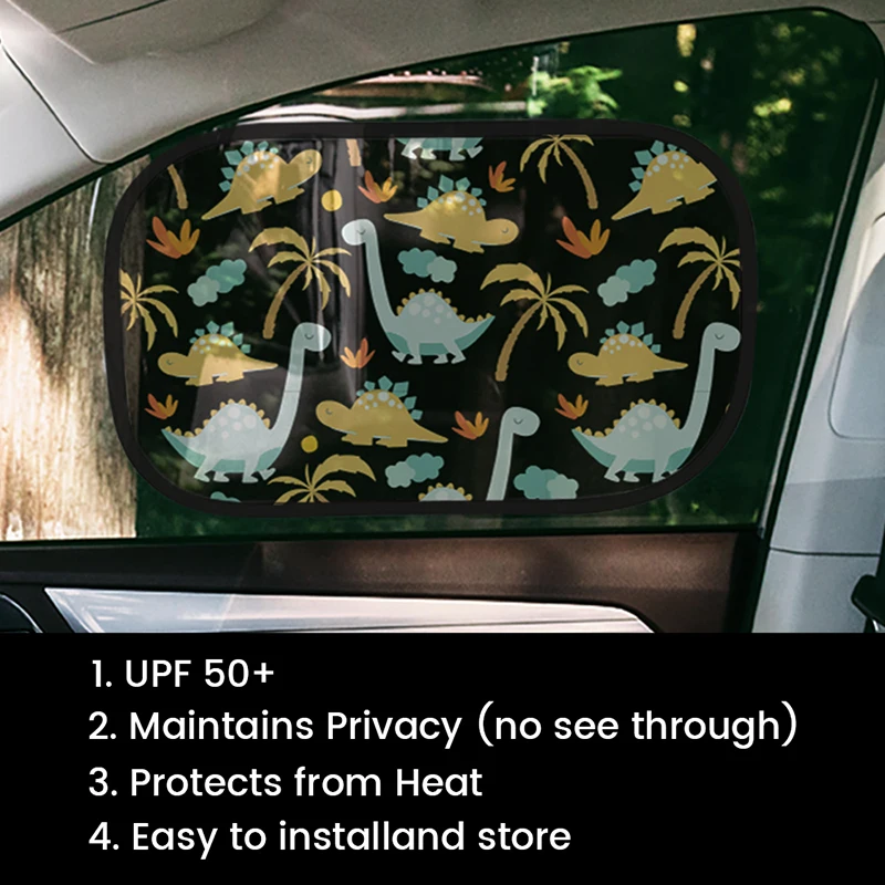Cute Dinosaur Car Sun Shades for Kids UPF 50+, Foldable Static Cling Window Cover, Heat & UV Protection, 2 Pack