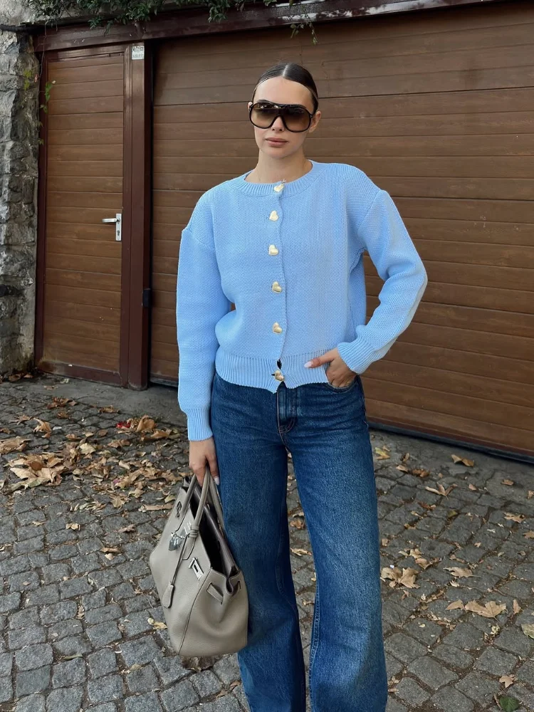 Suéter informal de punto de Color liso para mujer, cárdigan holgado de manga larga con cuello redondo a la moda, prendas de vestir para ir al trabajo