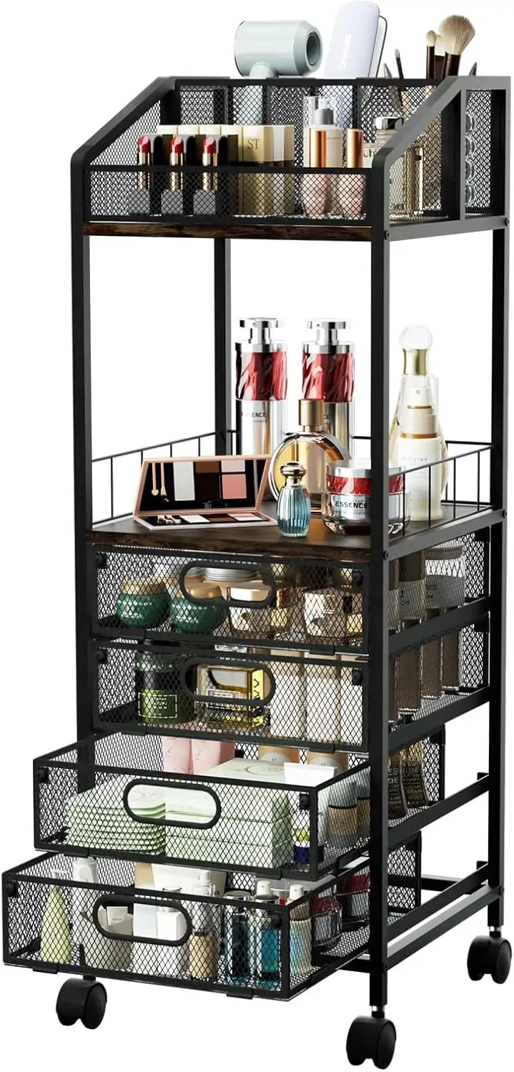 

4-Drawer Rolling Makeup Cart with Open Shelf and Mesh Drawers for Skincare and Cosmetics Organization