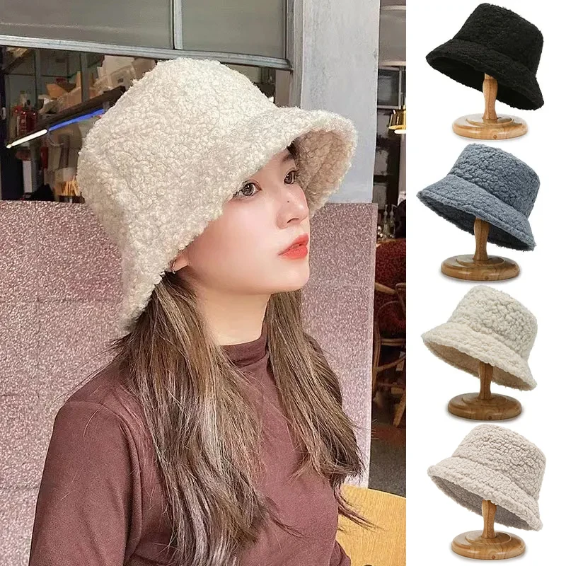 Unisex Harajuku Bucket Hat Solid Men Fishing Fisherman Hat Autumn Winter Lamb Wool Outdoor Warm Panama Cap For Women