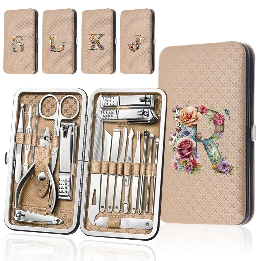 

19 Pcs Nail Clippers Set Storage Box Portable Nail Tools Kit Versatile Pedicure Manicure Set Personal Care Floral Letter Pattern