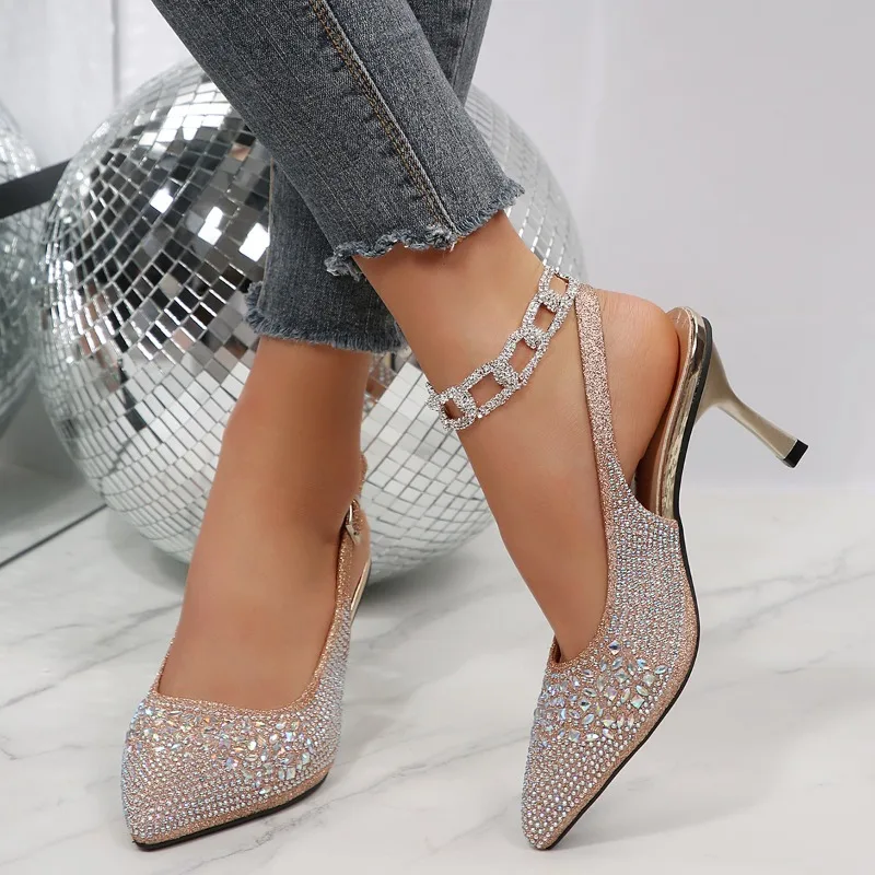 New Stiletto Sandals Women Summer Outside Wear One Word Belt Rhinestone Pointed Toe Baotou Versatile Fashion High Heels