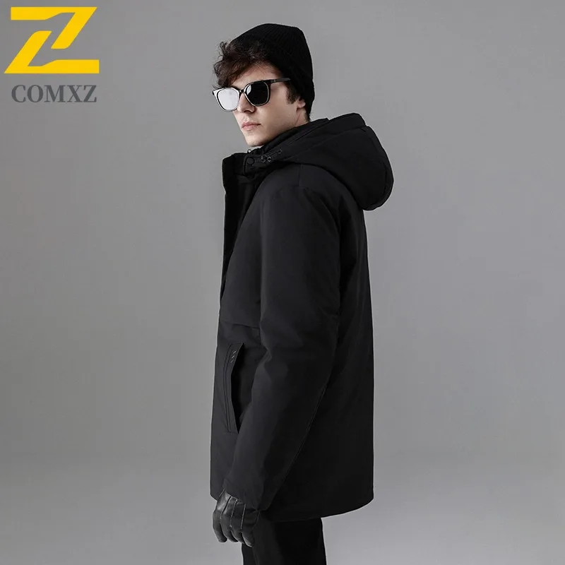COMXZ Winter Hooded Down Jacket Men Loose Fit Solid Color White Duck Down Top Youth Minimalist Thermal Fashion Casual Sport Coat