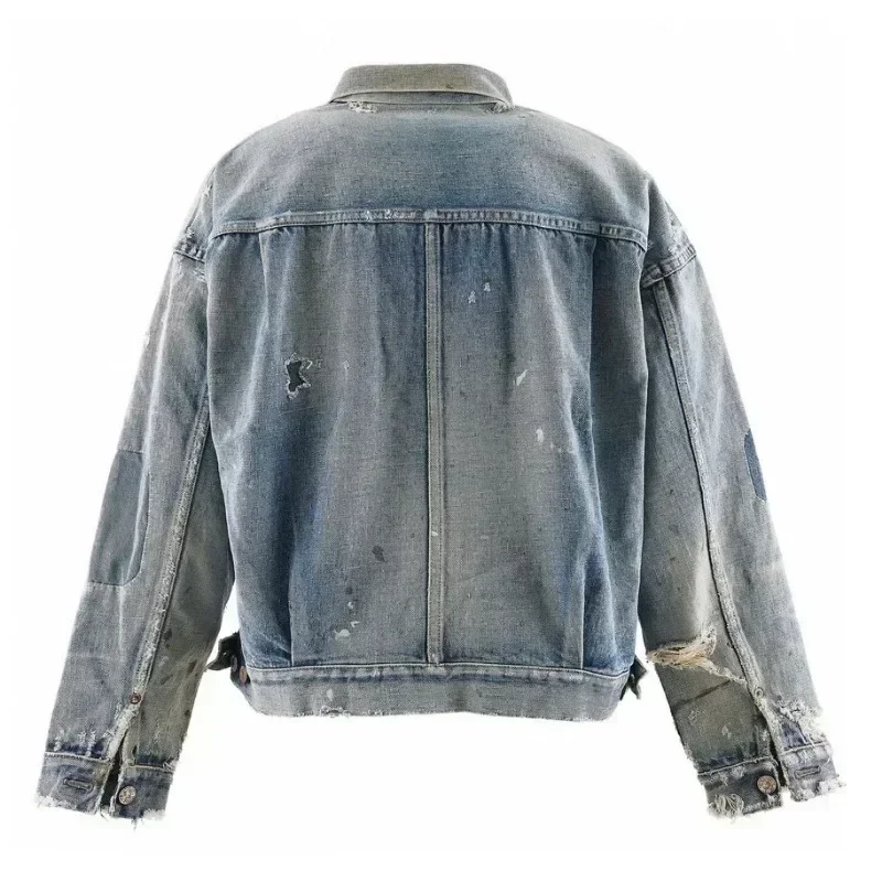 24ss Vintage SAINT MICHAEL Denim Jacket Women 1:1 Top Quality Washed Damaged Jackets Oversized Men Clothing