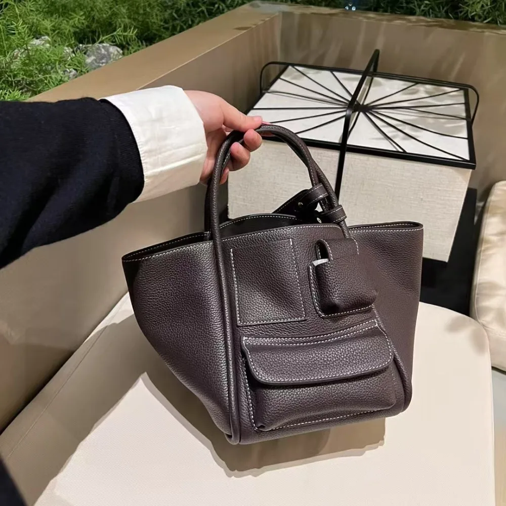 Premium Niche Design First-layer Cowhide Pocket Handbag One Pack of Dual-purpose Vegetable Basket Single Shoulder Commuter