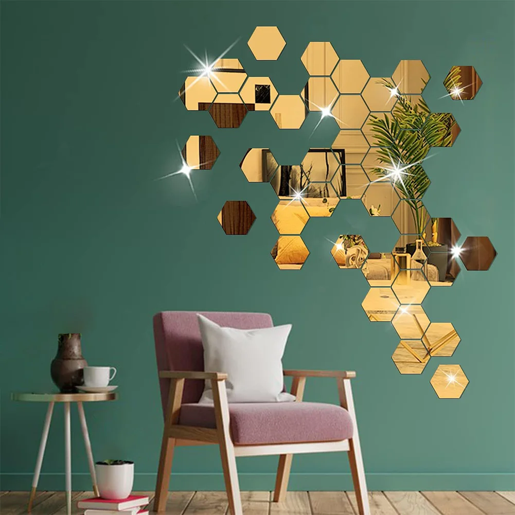 32 Pieces DIY Hexagonal Mirror Acrylic Mirror Wall Panels Self Wall Stickers for Home Office Kitchen Decoration