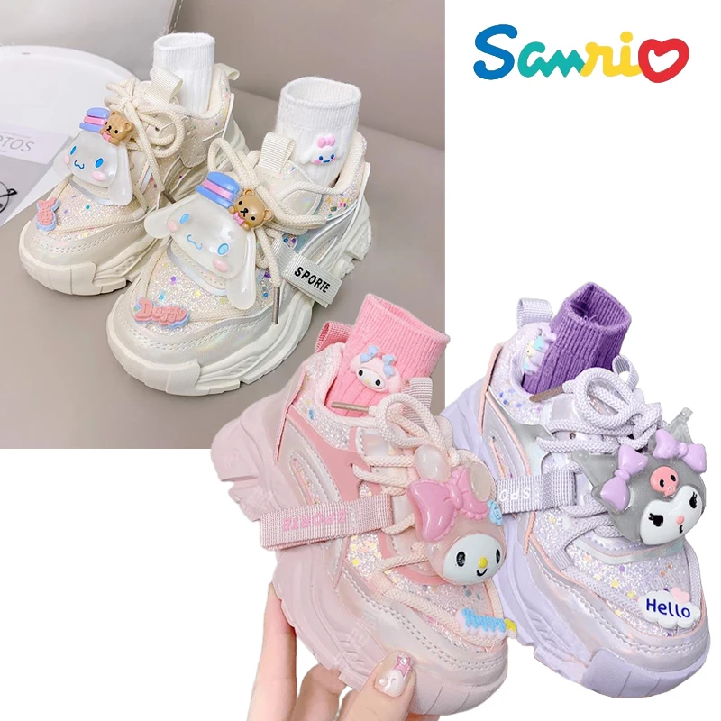 Anime Kawaii Sanrios My Melody Cinnamoroll Kuromi Kids Sneakers Cartoon Cute Luminous Daddy Shoes Girl Velvet Running Shoes Gift