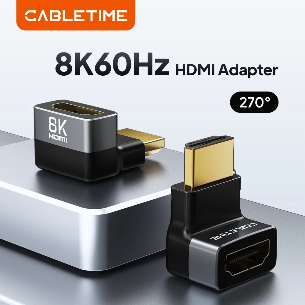 CABLETIME 8K HDMI Adapter 270 Grad Stecker auf Buchse Konverter Adapter UHD2.1 Unterstützung 8K HDMI 4K 120Hz 48Gbps für HDTV Laptop PS5