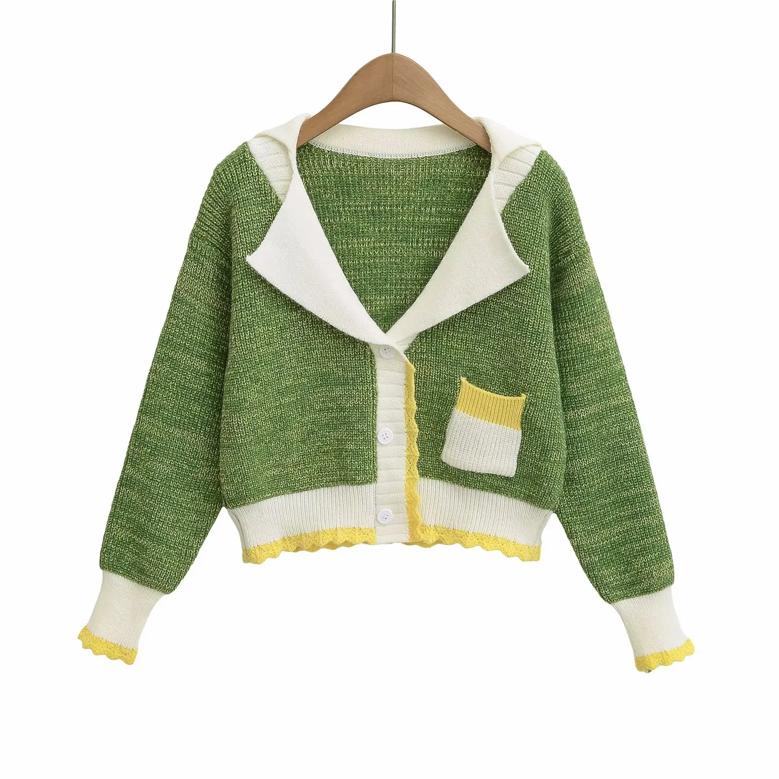 

Spring and Autumn New Casual Women's Cardigan Sweater Women's Simple Collar Splicing Long Sleeve Knitted Sweater Coat