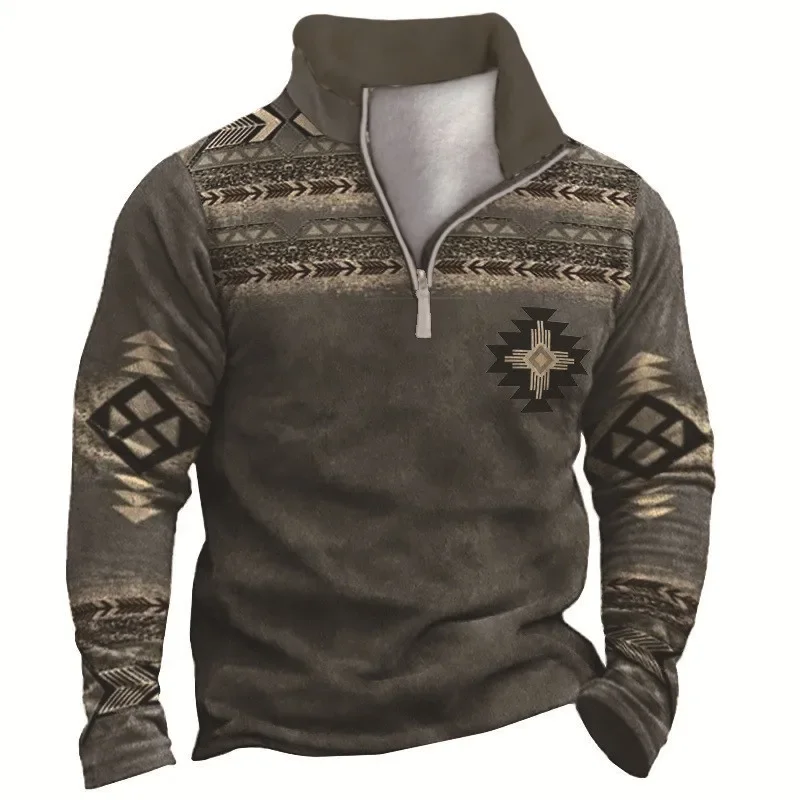 Men's Fleece Lined Sweatshirt Retro V Neck Vintage Ethnic Pattern Winter Fall Long Sleeve Tops High-neck Zip-up Polo Shirt