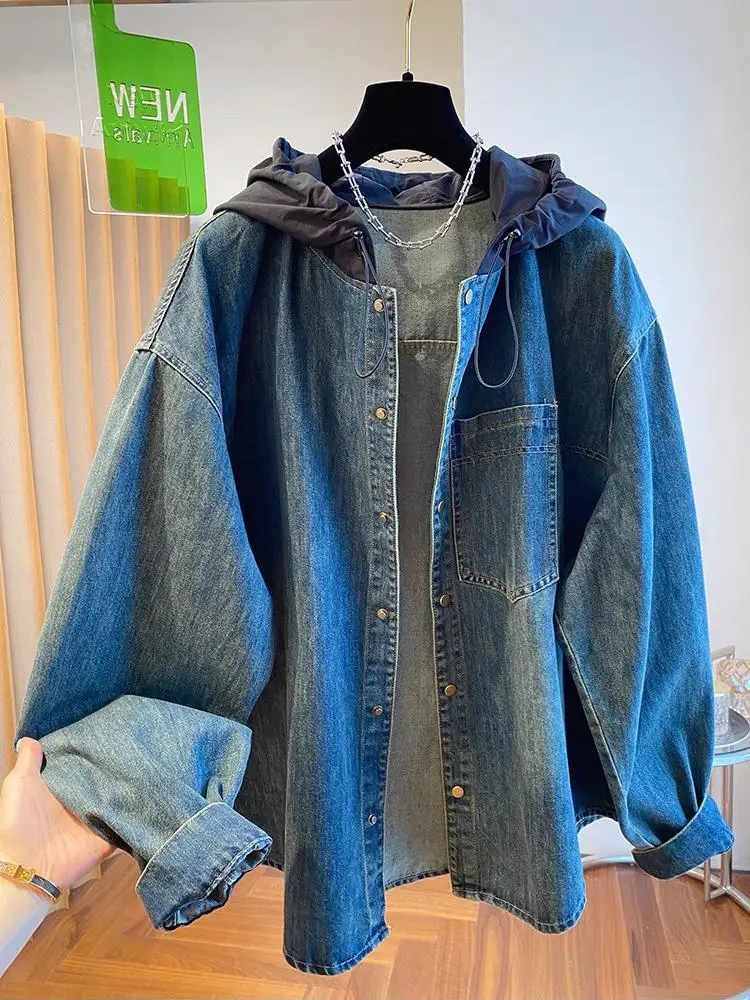 

Корейская мода, винтажная синяя джинсовая однобортная универсальная короткая куртка, осеннее женское свободное джинсовое пальто с длинными рукавами и капюшоном, тренд