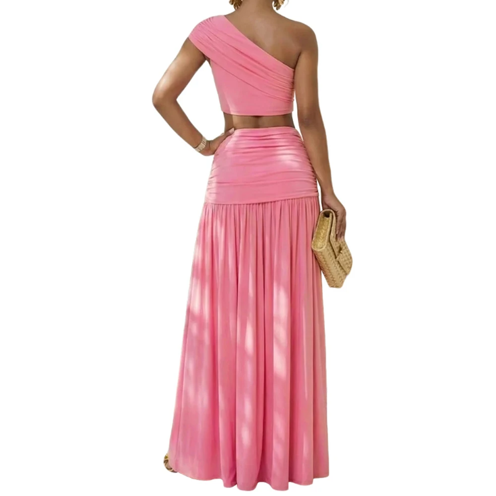

Solid Color Asymmetrical Neck Crop Top Elegant Sexy Party Skirt Two Piece Set
