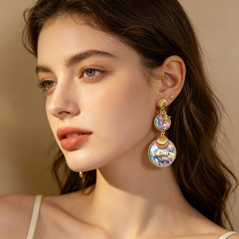 

Retro Colorful Shell Starfish Texture Earrings Bohemian Ocean Style Drop Earrings Women Beach Vacation Jewelry