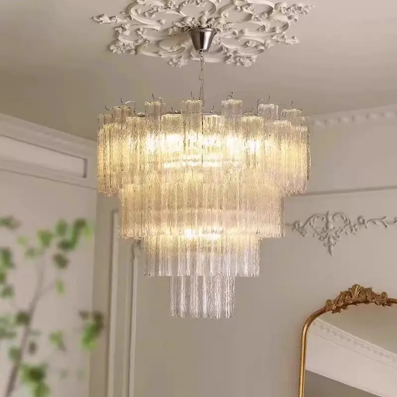 French Style Round Murano Glass Tube Chandelier Pendant Light for Dining Living Room Bedroom Ceiling Hanging Decor