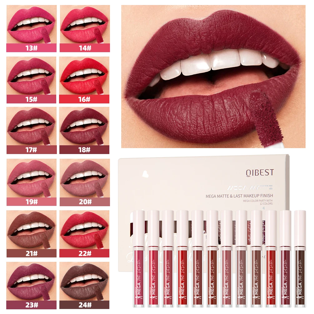 

QIBEST 12PCS Matte Liquid Lipstick Sets High-Pigment Long-Lasting Velvet Lip Gloss Nude Purple Lip Mud Makeup Kits Lip Tint