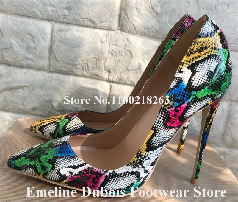 Mixed-colors Snake Leather Pumps Emeline Dubois Pointed Toe Snakeskin Slip-on Stiletto Heel Dress Heesl Formal Dress Shoes