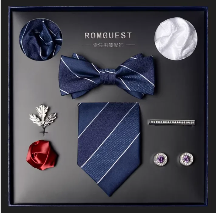 

Men's Tie and Bow Tie Set, Formal Luxury Wedding Tie, Bow Pocket, Square Cufflinks, Brooch, Flower Gift