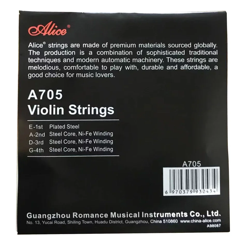 Alice A705 Violin Strings Set Stainless Steel Coated Steel Core Ni-Fe Winding 4 Strings for 4/4,3/4,1/2,1/4,1/8