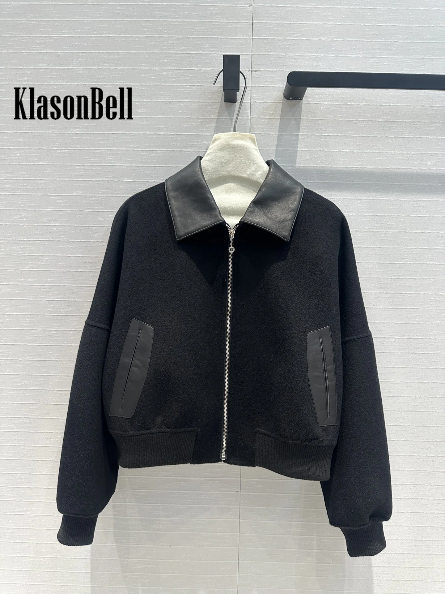 8.21 KlasonBell Women Clothes Lapel Pocket Spliced Sheepskin Jacket Elegant Comfortable Double-Sided Wool Cashmere Coat