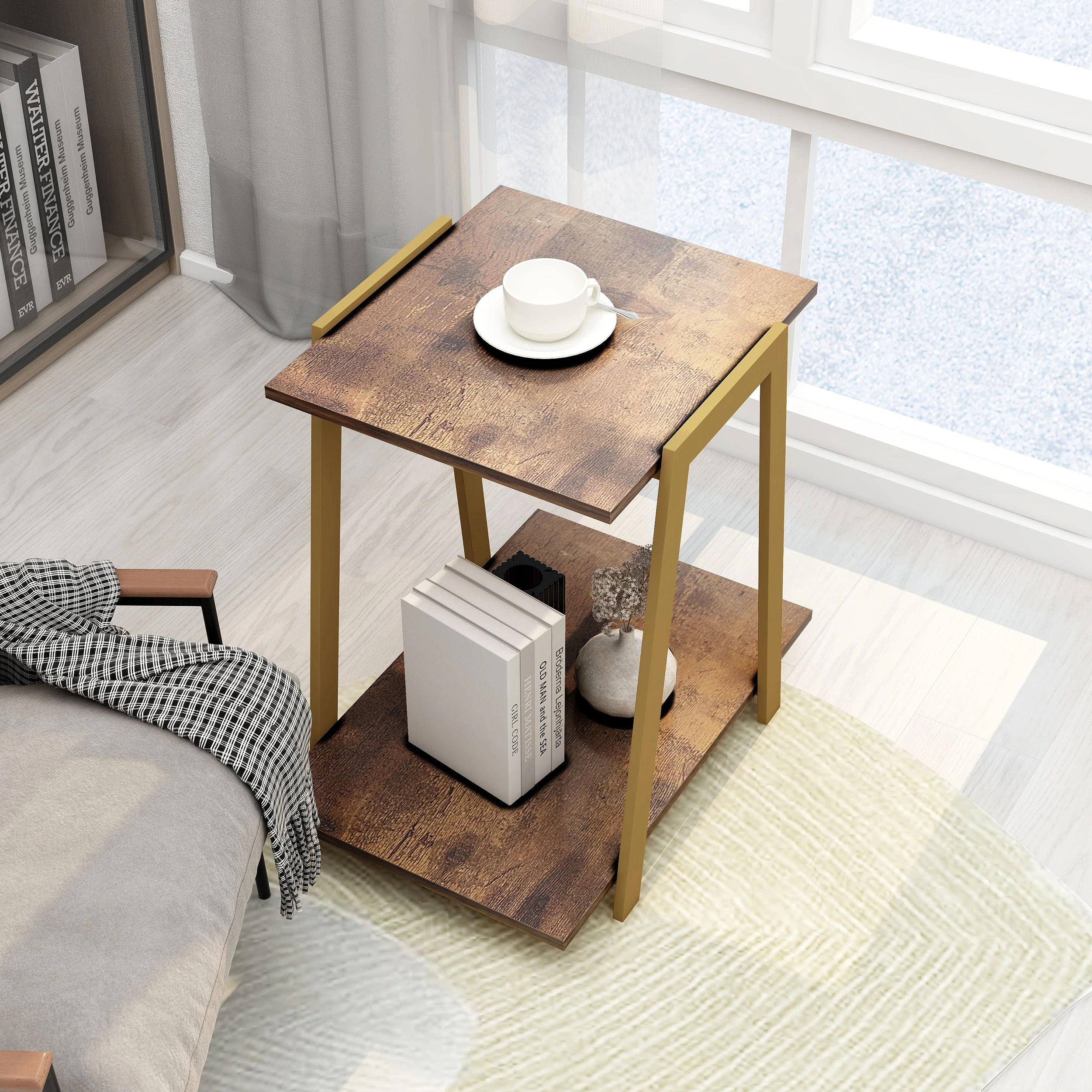 

Industrial End Table, 2 Tier Wood Side Table with Strong Metal Frame Nightstand Sofa Side Table for Small Spaces, Gold