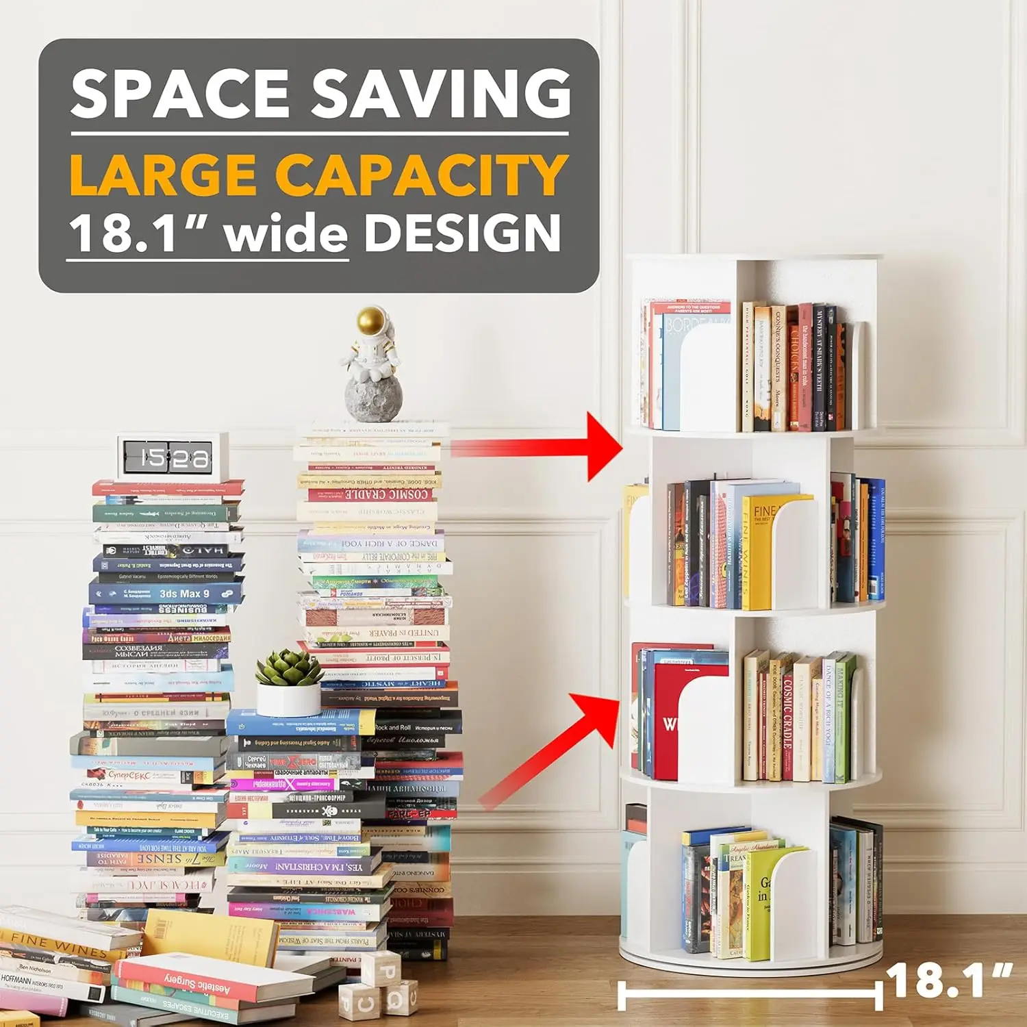 Cross Style 4 Tier Rotating Bookshelf, Spinning 360 Bookcase Lazy Susan Tower, Vertical Revolving Books Shelf Storage Round