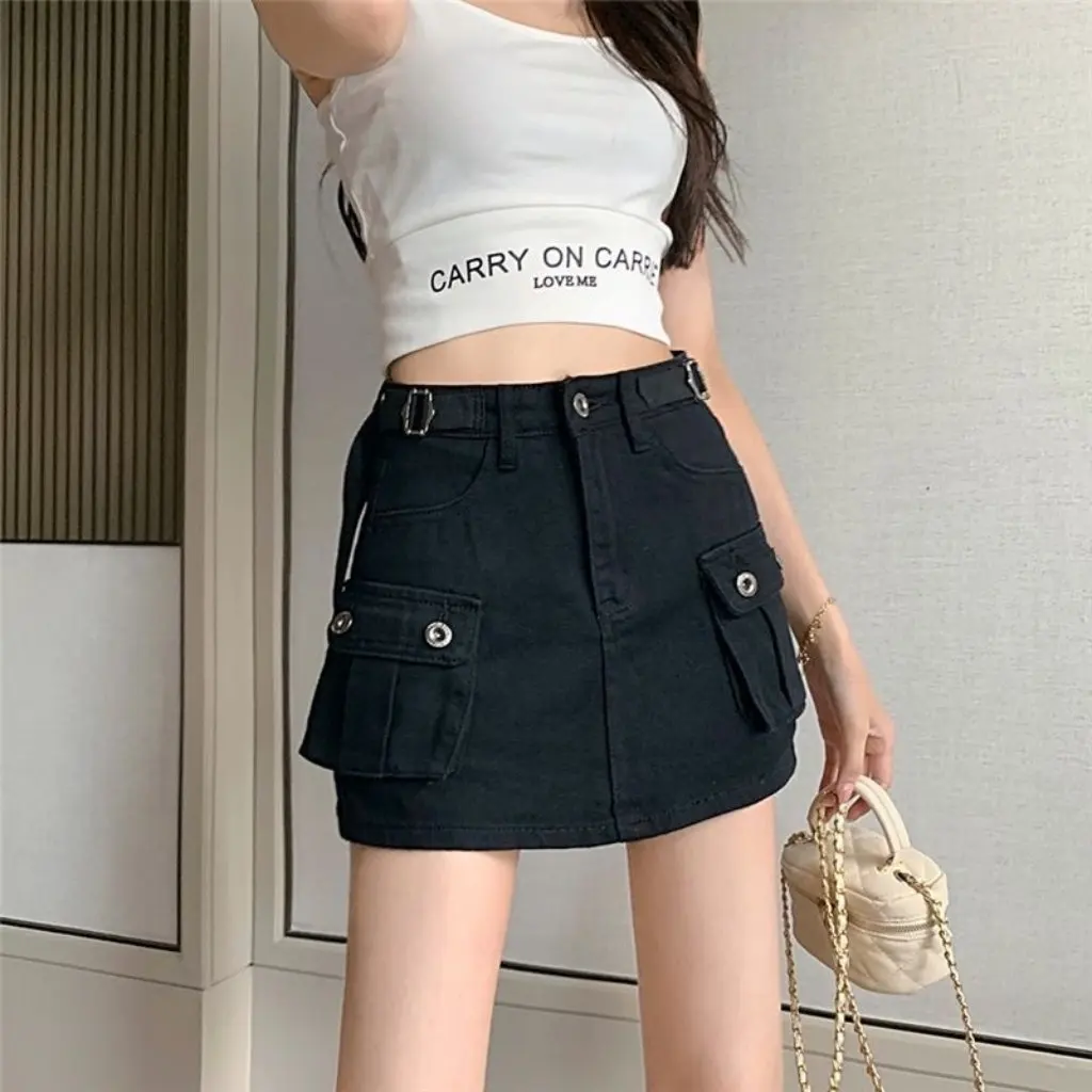 

Spring/Summer Spice Girl Style Denim Skirt with Big Pockets Tooling Strap A-Line Hip Bust Women's Fashion Half Skirt