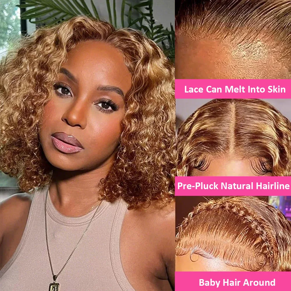 4/27 تسليط الضوء على شعر مستعار قصير بوب موجة المياه 13x4 الدانتيل الباروكات الأمامية البرازيلي عميق مجعد الباروكات أومبير شقراء اللون HD الدانتيل شعر مستعار أمامي