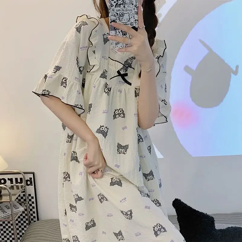 Sanrio Kuromi cartoon cute kawaii summer women\'s Internet celebrity style home wear large size short-sleeved dress nightgown