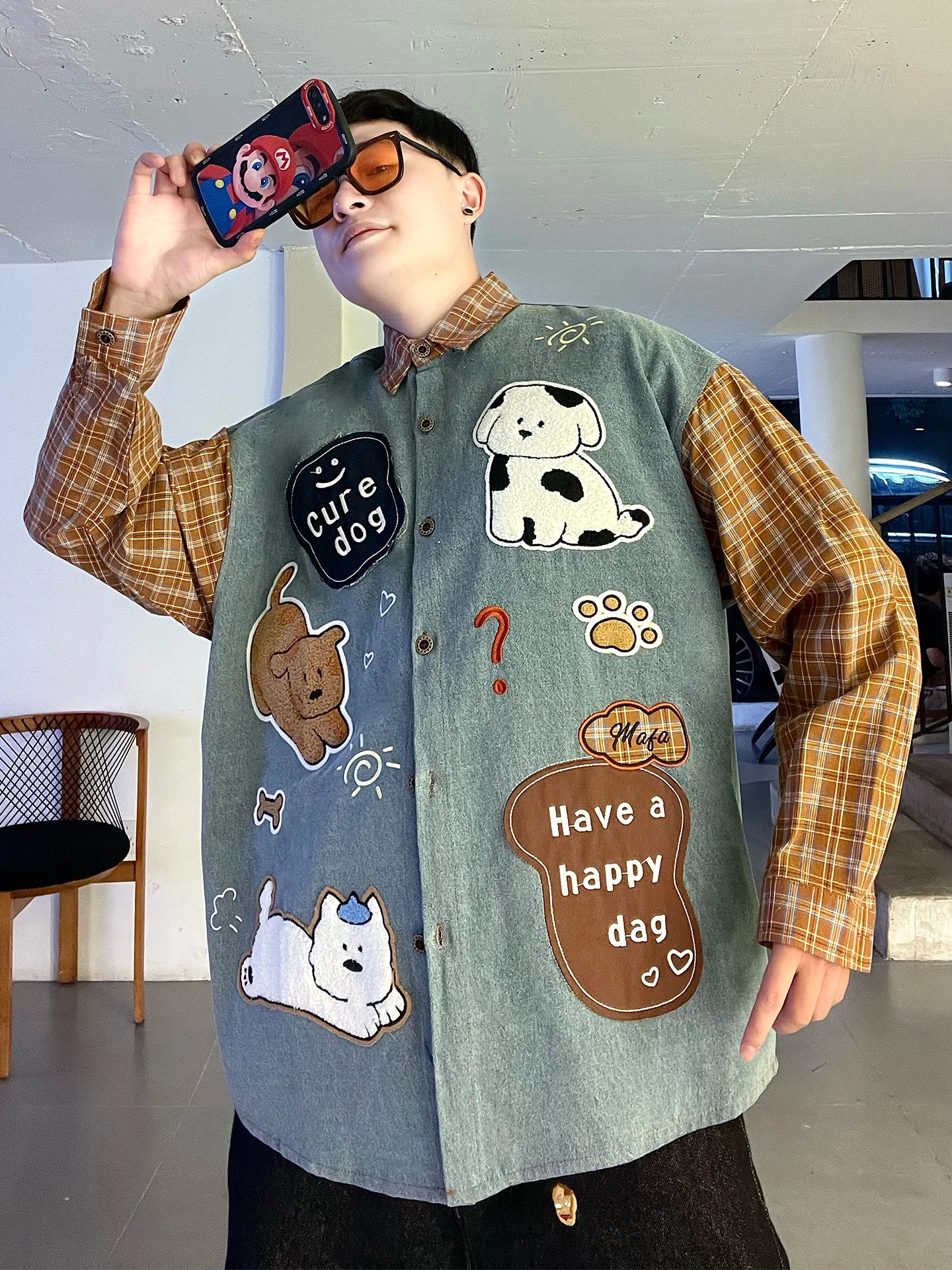 

Retro American Fun Dog Embroidery Denim irt Loose Long Sve Men's Autumn Plaid Patchwork Trendy Brand Cotton Flannel irt