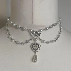 Handmade Pearls Rosary Style Necklace With Imitation White Crystal Beads Beautiful Bows and Heart-Shaped Ornaments