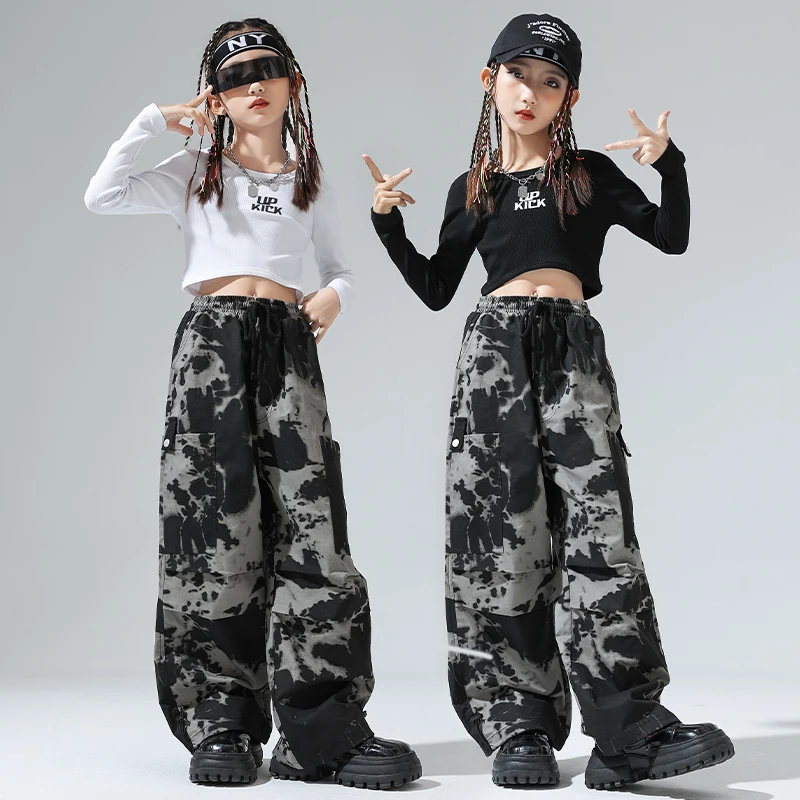 Girls Hip Hop Cool Crop Sweatshirt Tie Dyed Cargo Pants Boys Street Dance T-shirt Kids Streetwear Teens Costumes Jazz Clothes