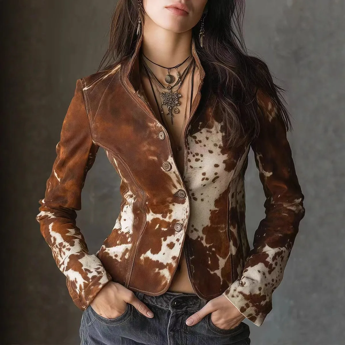 

2025 European and American women's fashion lapel print long sleeved jacket single breasted personalized jacket small suit