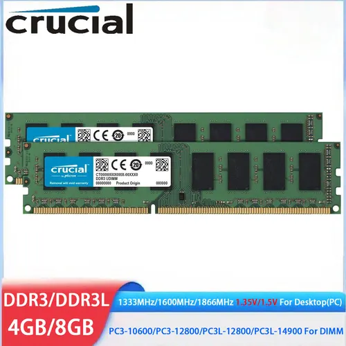 Memoria RAM Crucial DDR3 DDR3L 4GB 8GB 16GB 1333 1600 1866MHz Memoria de escritorio 1,5 V 1,35 V PC3L-12800 14900 RAM de PC UDIMM no ECC