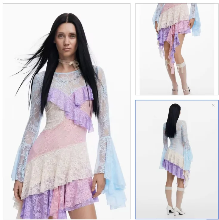 

Spanish foreign trade original single color collision splicing asymmetric lace long sleeve women's dress