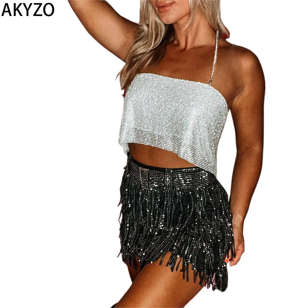 

AKYZO Sequined Cowl Neck Halter Crop Top - Backless Sheer Solid Color Y2K Style Non-Elastic No Printing Perfect for Club & Party