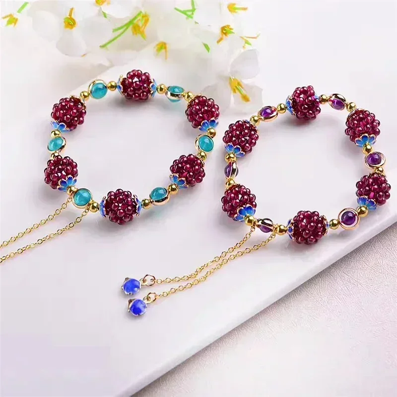 Vintage Simple Bohemia Fashion Natural Garnet Stone Ethnic Bracelet Multi-Circle Pomegranate Crystal Charming Bracelet Gifts