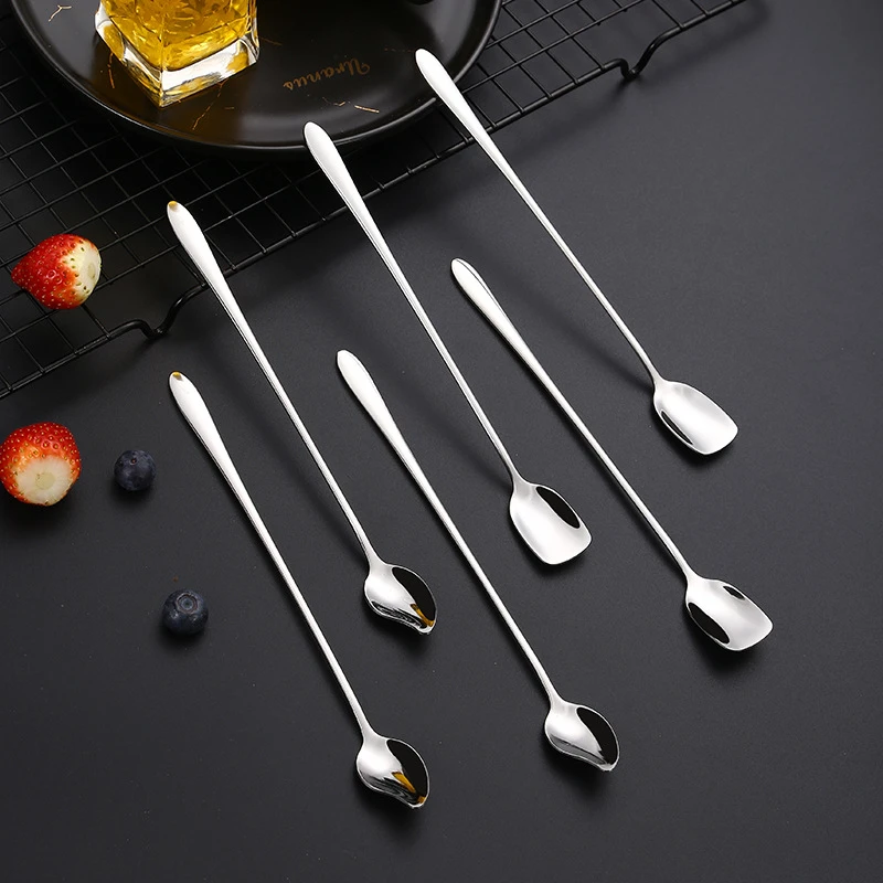 Silver Long Handle Tea Spoon 304 Stainless Steel Creative Mini Mixing Coffee Ice Cream Teaspoons  Tableware Kitchen Utensils