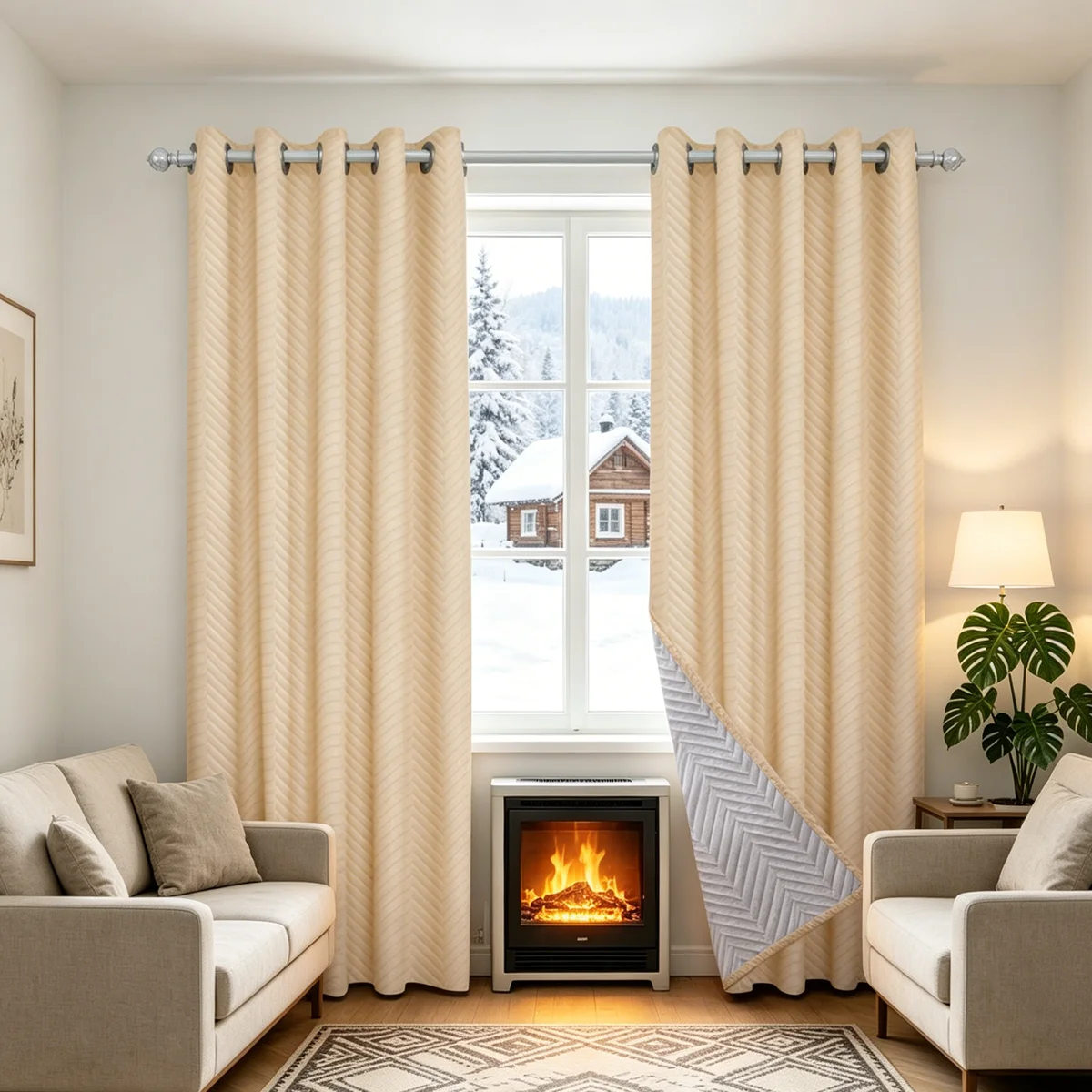 Triple Layer Thermal Cold Barrier Window Curtain, Embossed Herringbone Windproof Grommet Drape, Heat Retaining Sound Insulation