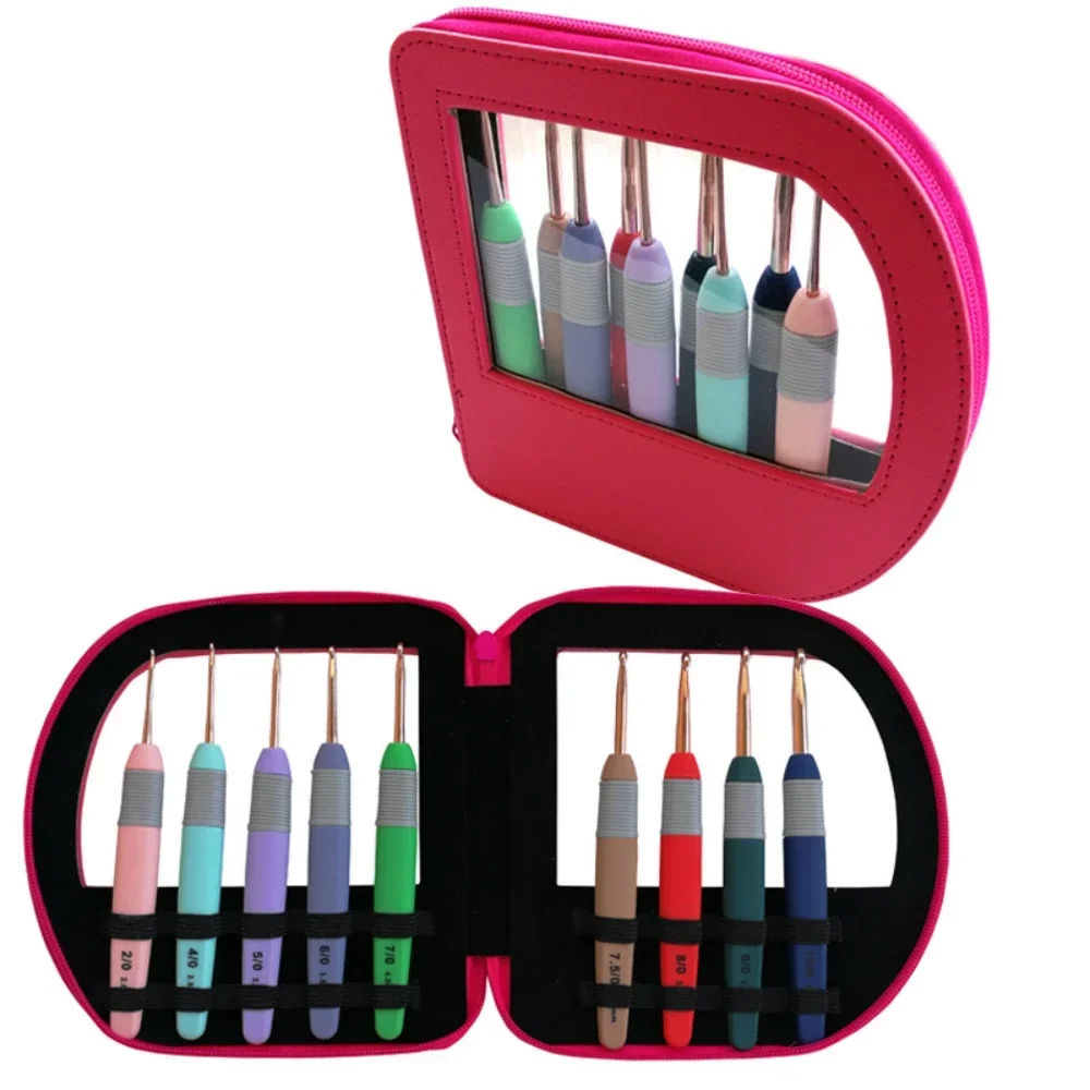 

9 шт. иглы для свитера с цветной мягкой ручкой, набор для вязания крючком из искусственной кожи, набор для вязания крючком