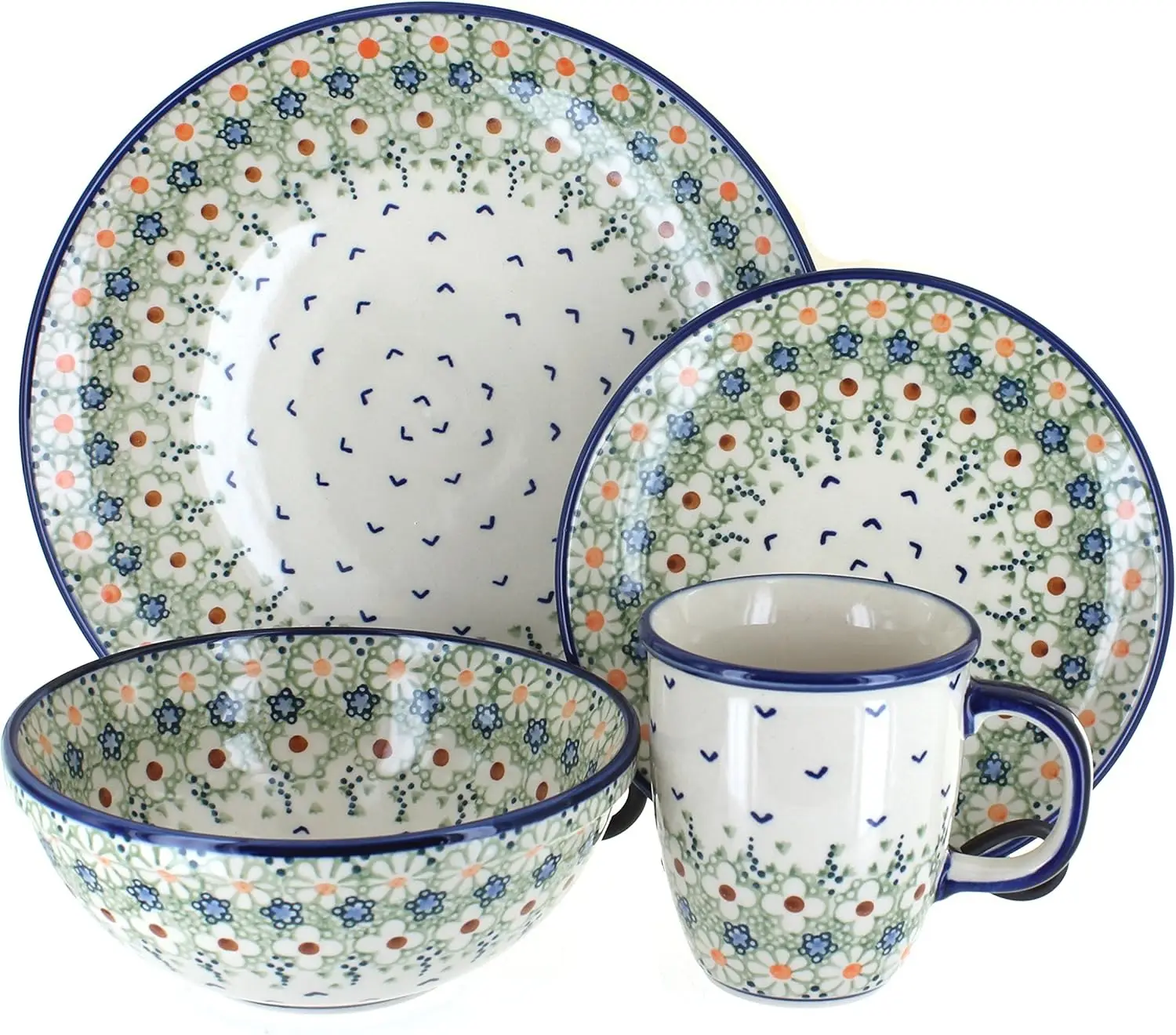 Blue Rose Polish Pottery Green Daisy 16 Piece Dinnerware Set