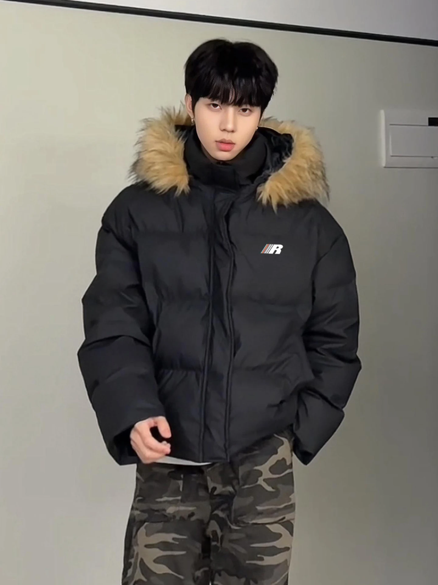 

Black American Short down Jacket Men's Winter Trend Brand Detachable Fur Collar Parka Cotton Coat Couple Bread Coat Outerwear