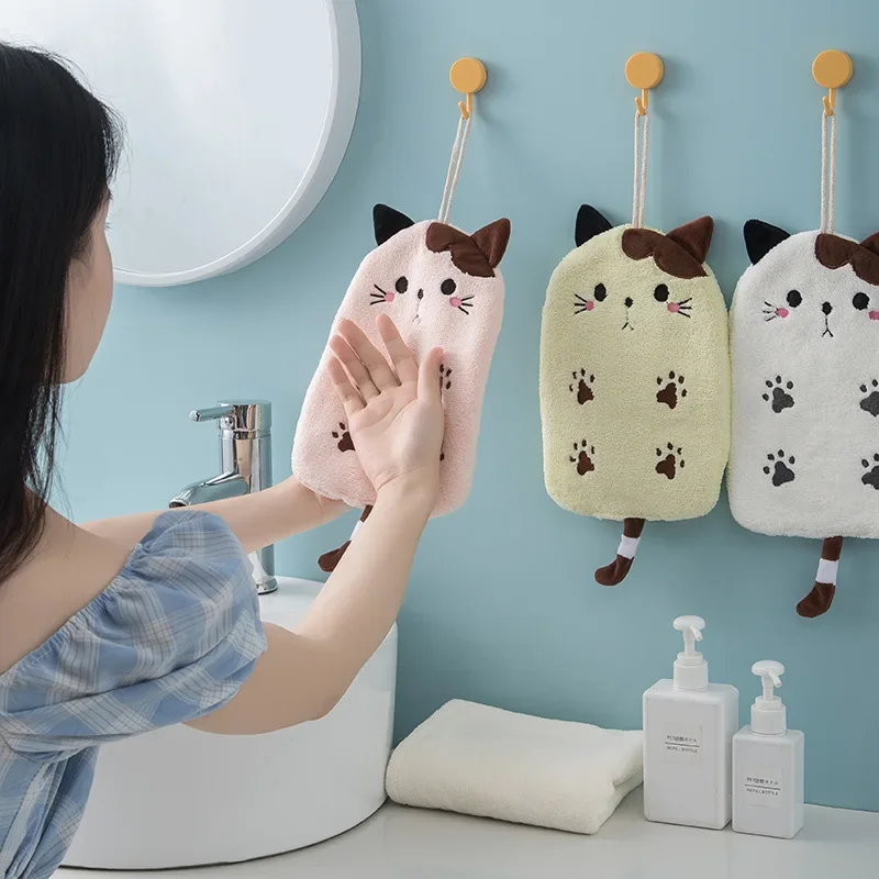 Cute Bangs Cat Coral Velvet Towel Hanging Type Cartoon Bathroom Absorbent Quick Drying Hand Towel Bath Supplies Wholesale 4Color