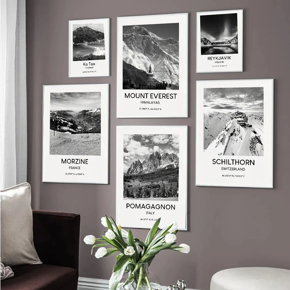 Canvas Painting Mount Everest Mont Blanc Dolomites Vintage Travel Poster Print Landscape Black White Wall Art Home Room Decor