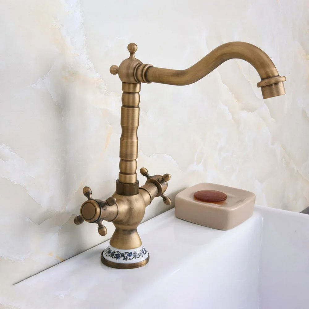 

Basin Faucets Antique Brass Double Cross Handle Bathroom Sink Faucet Swivel Spout Bathbasin Vanity Mixer Taps lnf602