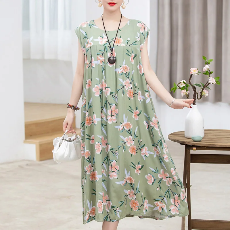 New Fashion 2023 Casual Vintage Summer Dress For Women Vestido Print Natural Short Sleeve O-neck Cotton and Linen Women Clothing