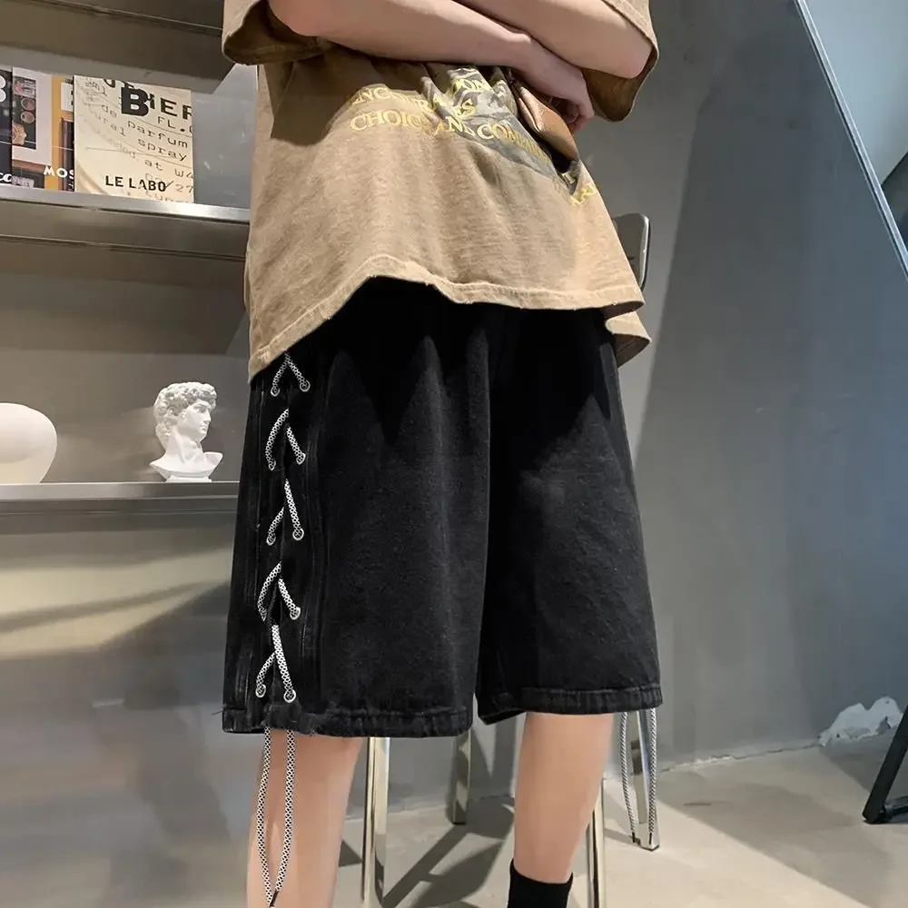 

Men's Short Jeans Pants Wide Baggy with Pockets Big Size Oversize Male Denim Shorts Loose Long Bermuda Half Buttons Y2k Fashion